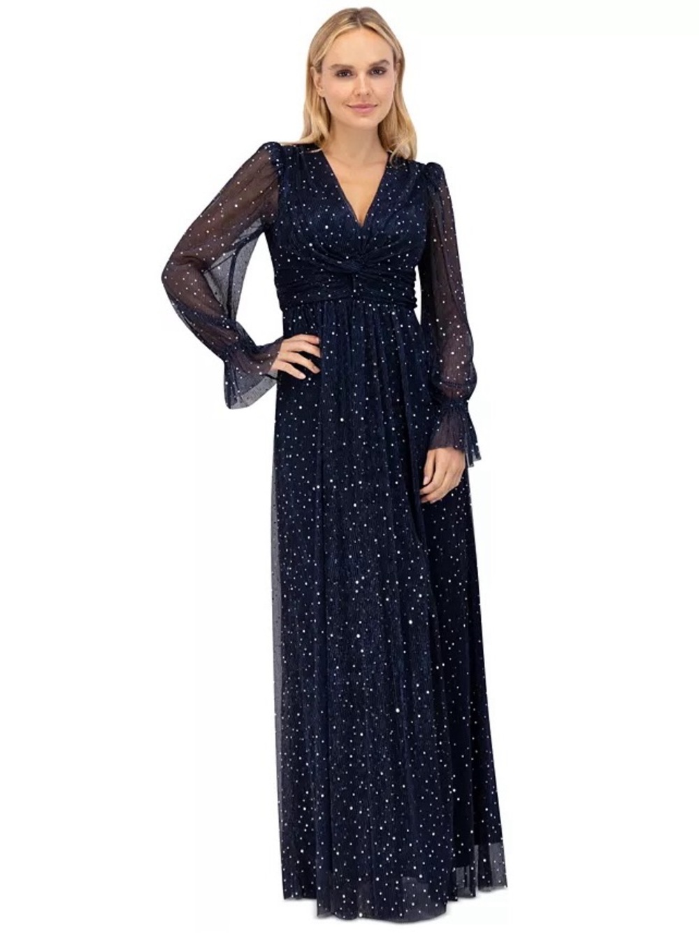 NWT Eliza J Twist-Front Pleated Metallic Knit Gown - size 6
